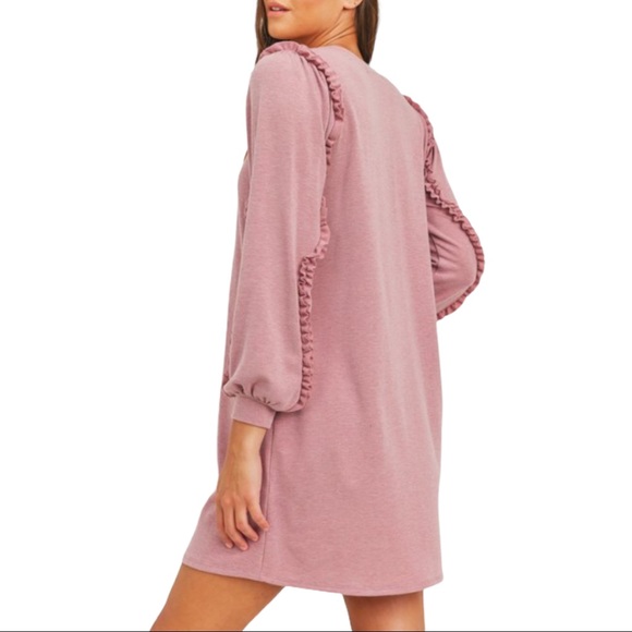 French Terry Long Balloon Sleeves Tunic Mini Dress - Picture 3 of 8